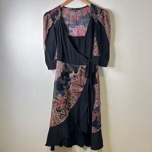 Y2K Vintage Nanette Lepore Black & Multicolor Paisley Patchwork Wrap Dress Sz 4